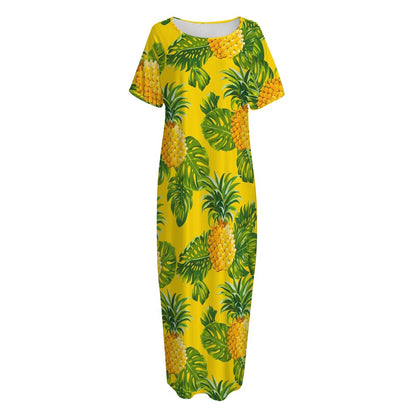 Yellow Tropical Pineapple Pattern Print Short Sleeve Long Nightdress
