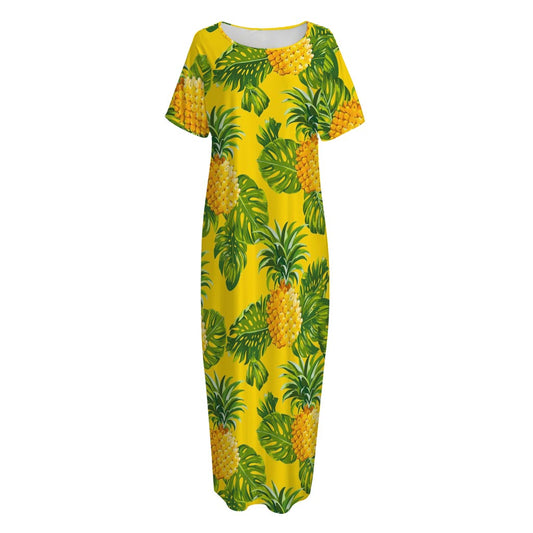 Yellow Tropical Pineapple Pattern Print Short Sleeve Long Nightdress