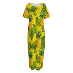 Yellow Tropical Pineapple Pattern Print Short Sleeve Long Nightdress