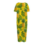 Yellow Tropical Pineapple Pattern Print Short Sleeve Long Nightdress