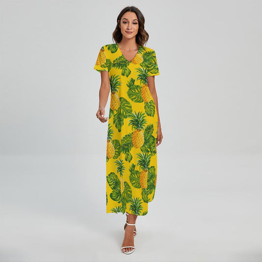 Yellow Tropical Pineapple Pattern Print Short Sleeve Maxi Dress
