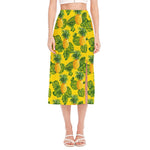 Yellow Tropical Pineapple Pattern Print Side Slit Midi Skirt