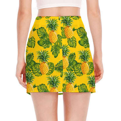 Yellow Tropical Pineapple Pattern Print Side Slit Mini Skirt