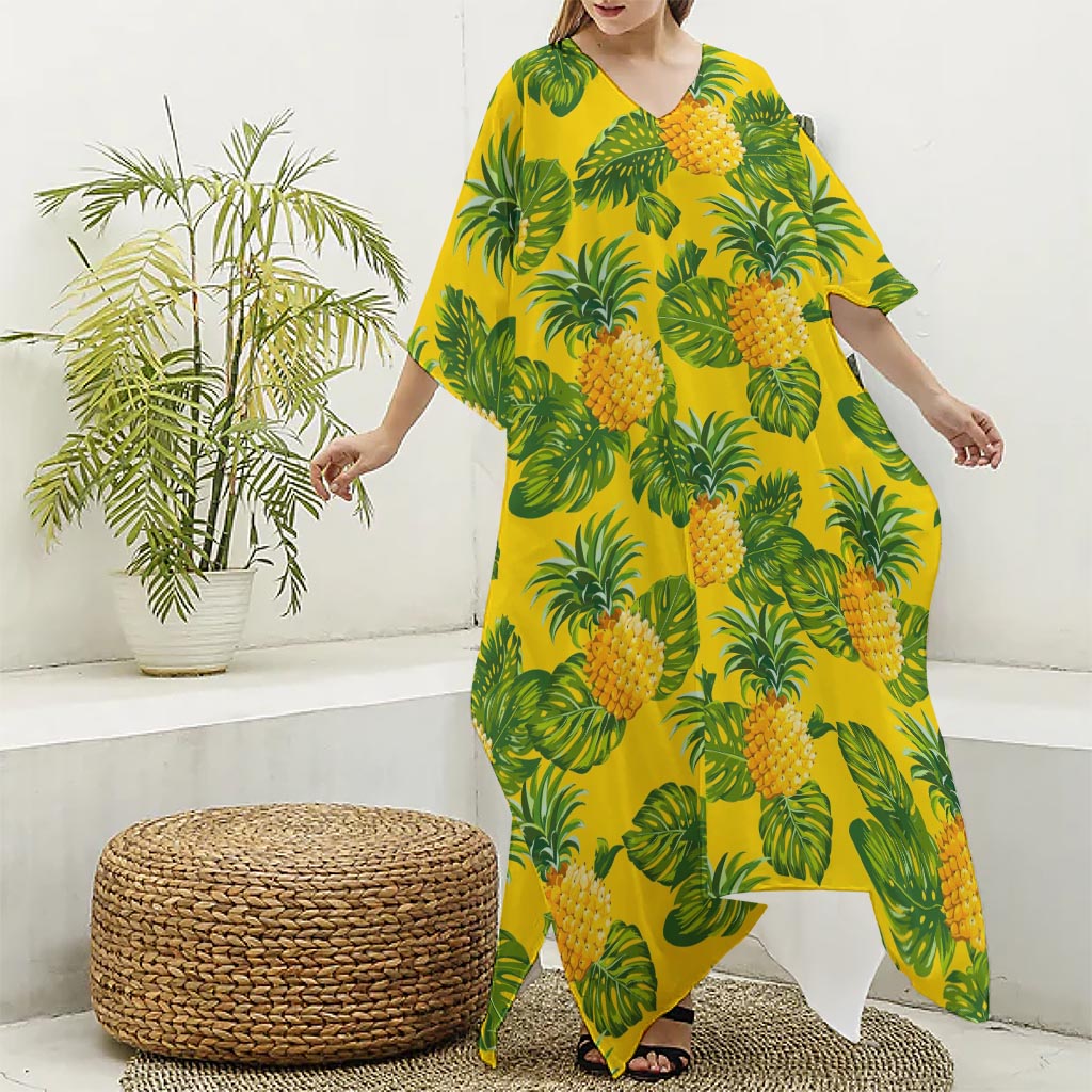 Yellow Tropical Pineapple Pattern Print Silk V-Neck Kaftan Dress