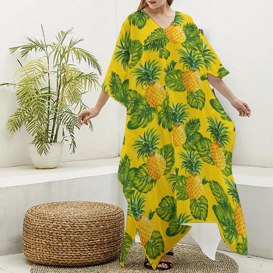 Yellow Tropical Pineapple Pattern Print Silk V-Neck Kaftan Dress