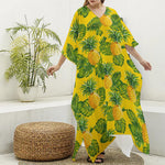 Yellow Tropical Pineapple Pattern Print Silk V-Neck Kaftan Dress