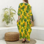 Yellow Tropical Pineapple Pattern Print Silk V-Neck Kaftan Dress