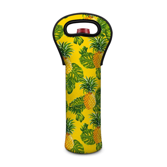 Yellow Tropical Pineapple Pattern Print Single Neoprene Wine Tote