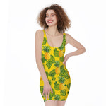 Yellow Tropical Pineapple Pattern Print Sleeveless Bodycon Dress