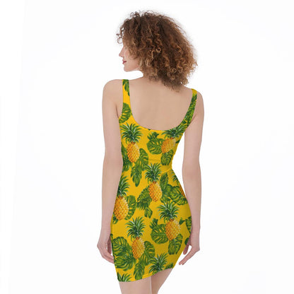 Yellow Tropical Pineapple Pattern Print Sleeveless Bodycon Dress