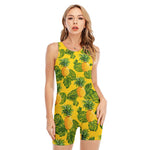 Yellow Tropical Pineapple Pattern Print Sleeveless One Piece Swimsuit
