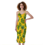 Yellow Tropical Pineapple Pattern Print Slim Fit Midi Cami Dress
