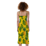Yellow Tropical Pineapple Pattern Print Slim Fit Midi Cami Dress
