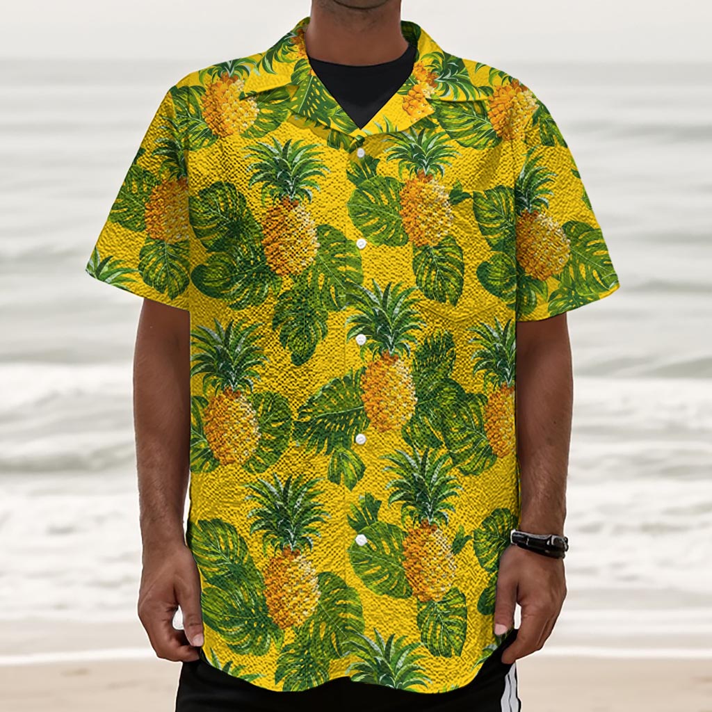 Yellow Tropical Pineapple Pattern Print Textured Short Sleeve Shirt