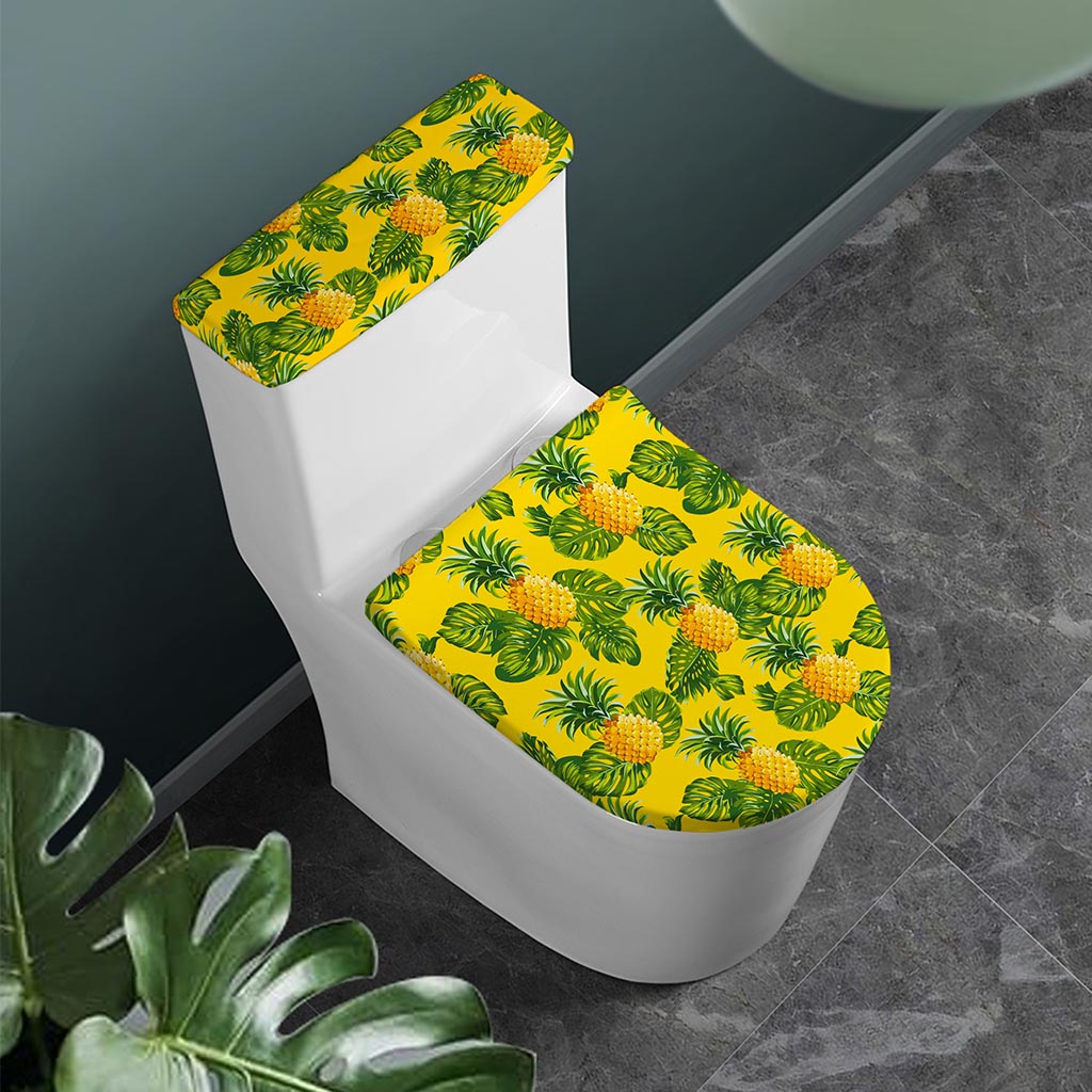 Yellow Tropical Pineapple Pattern Print Toilet Lid And Tank Cover Set