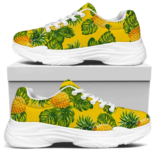 Yellow Tropical Pineapple Pattern Print White Chunky Shoes