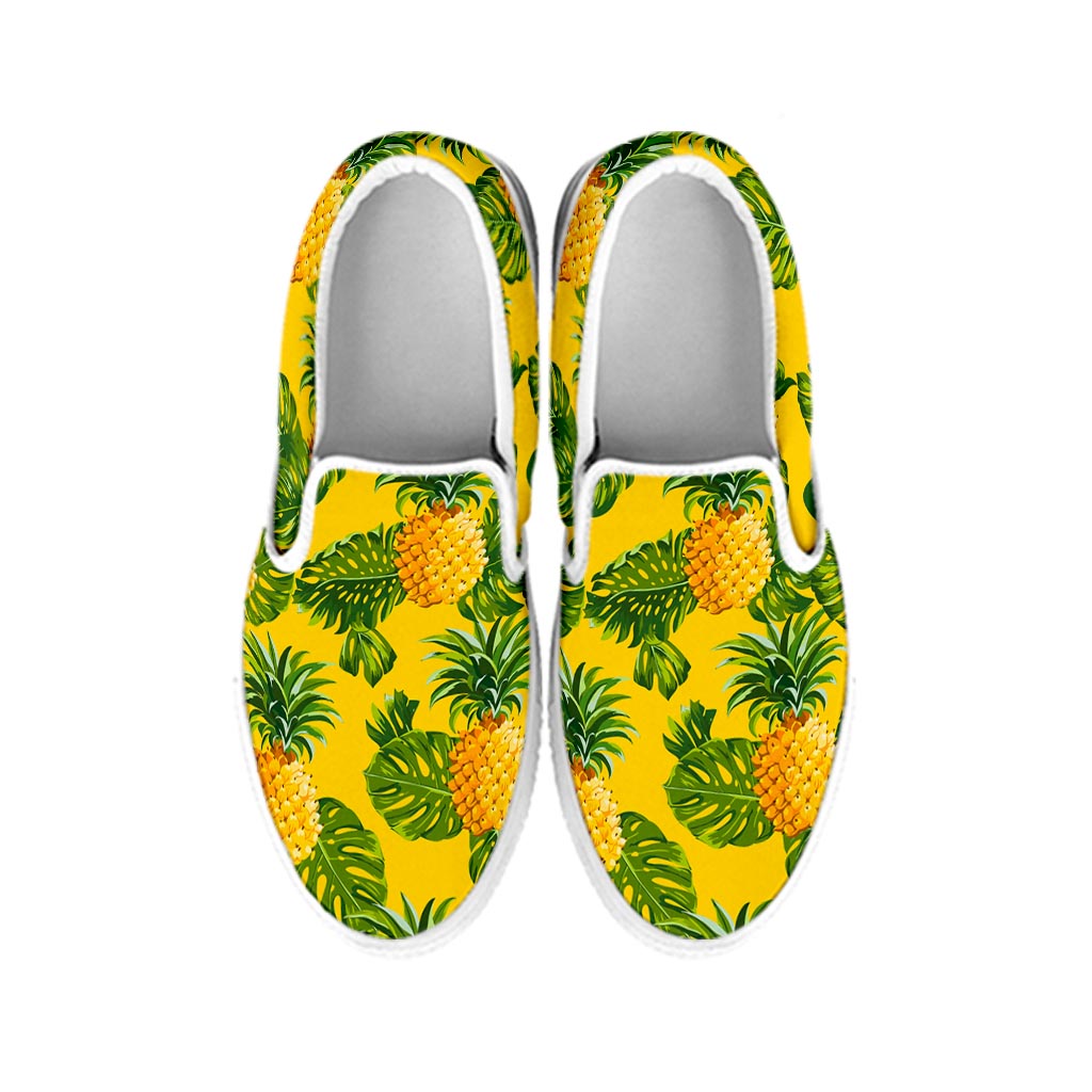 Yellow Tropical Pineapple Pattern Print White Slip On Sneakers