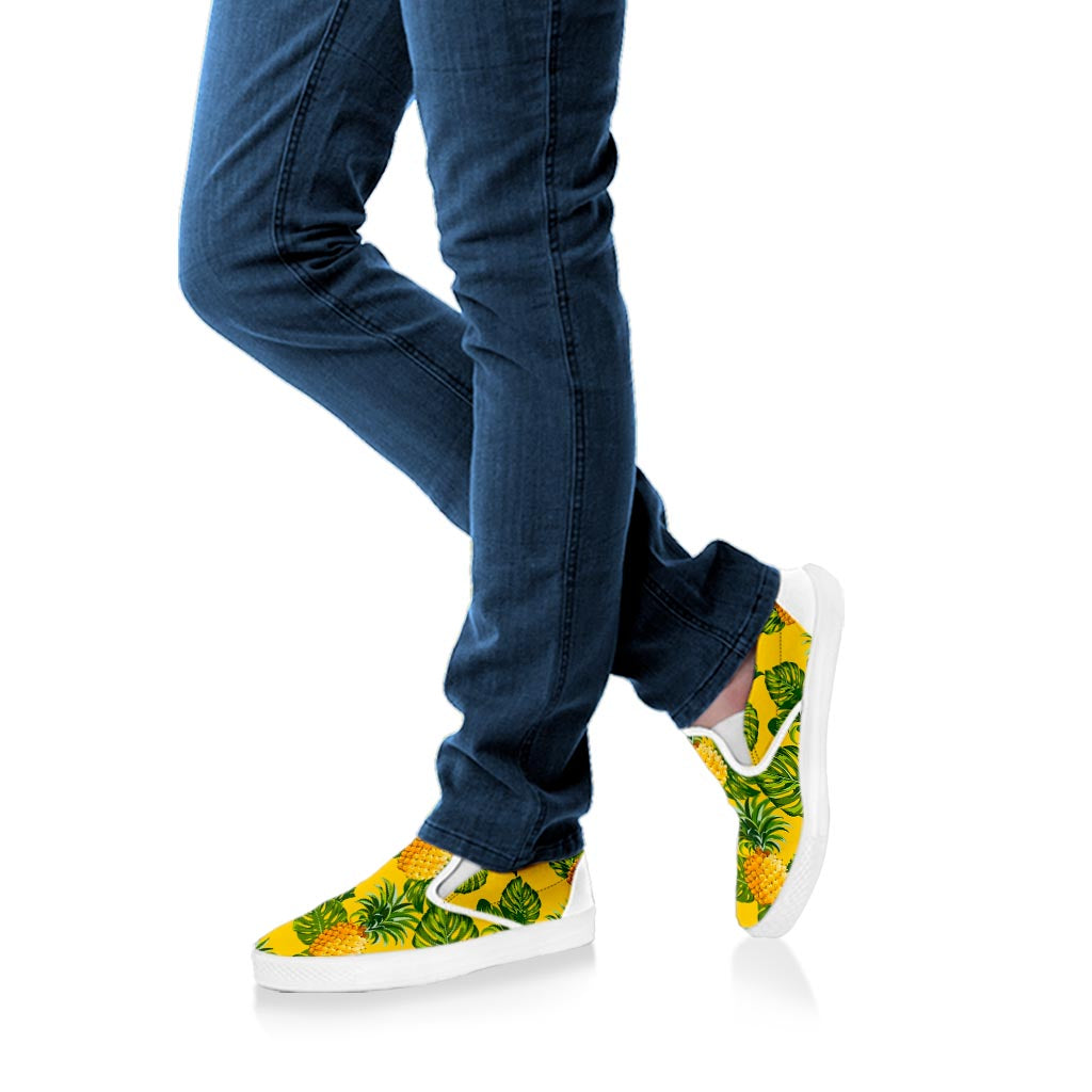 Yellow Tropical Pineapple Pattern Print White Slip On Sneakers