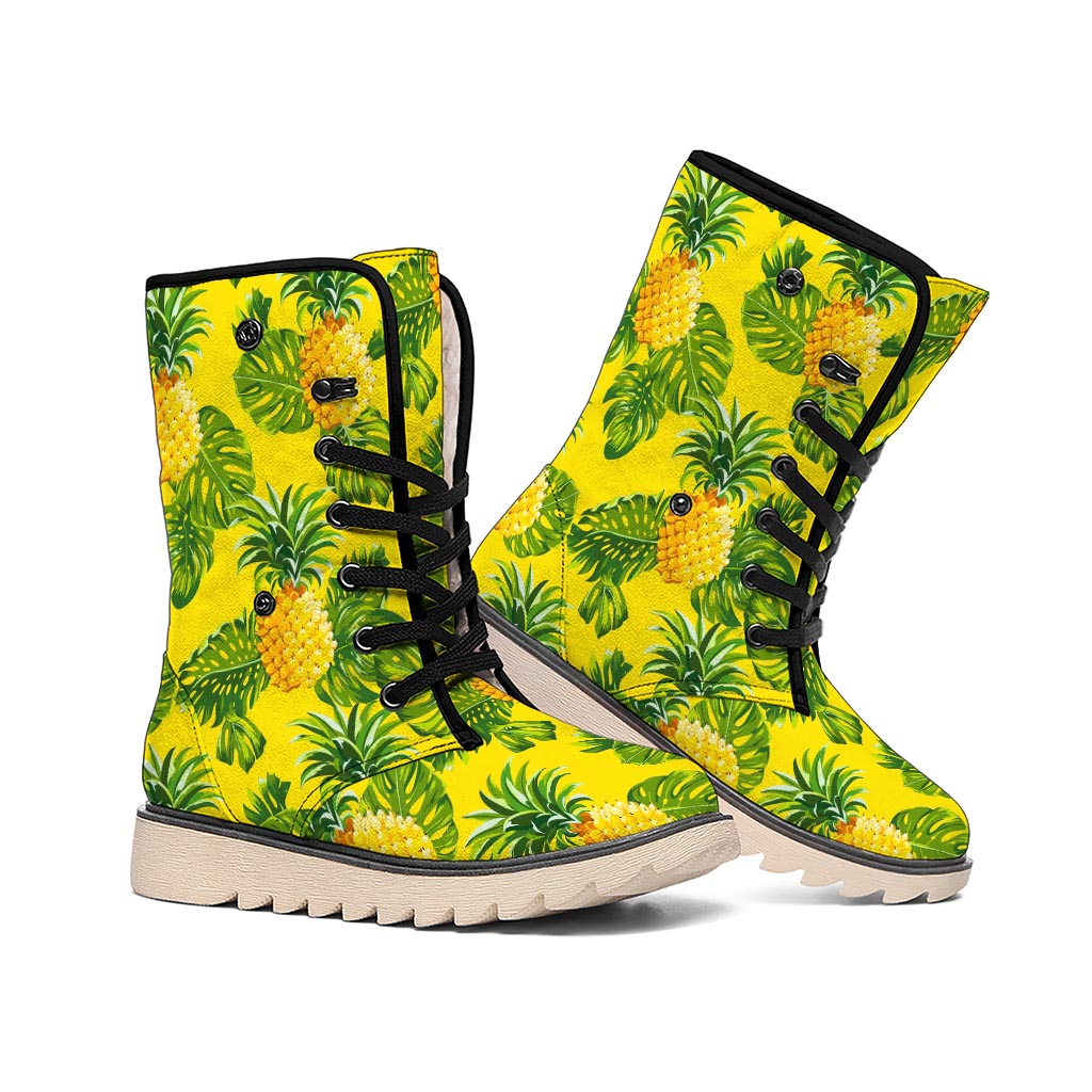 Yellow Tropical Pineapple Pattern Print Winter Boots