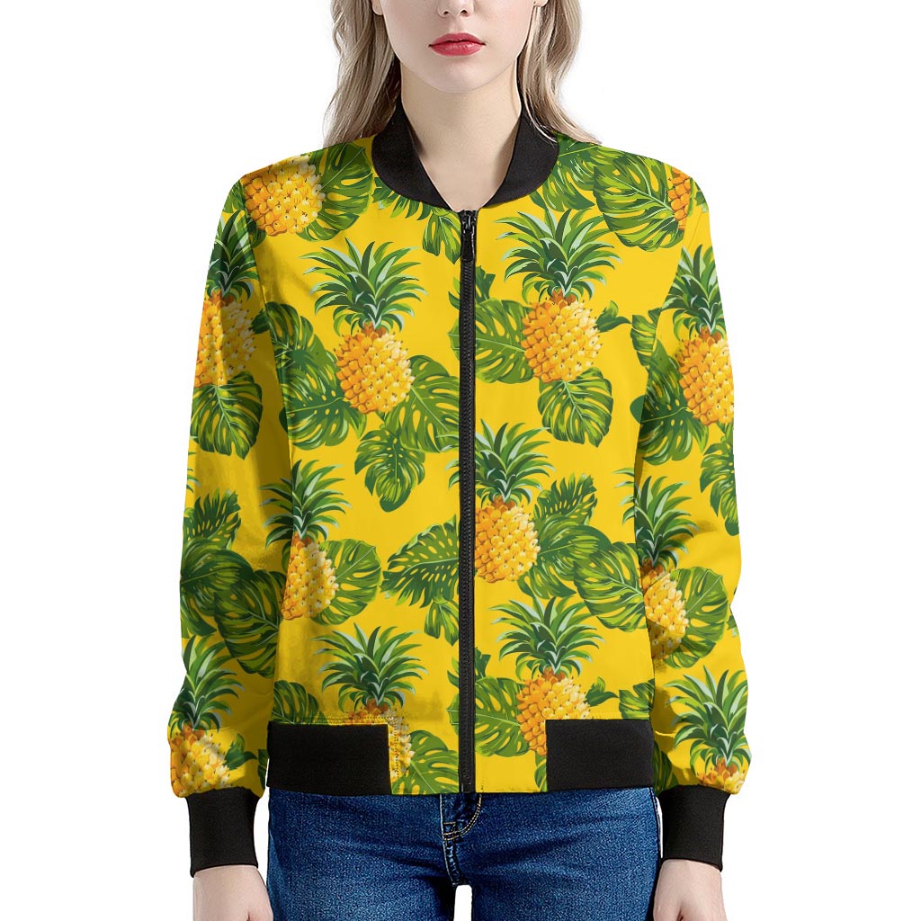 Yellow Tropical Pineapple Pattern Print Women's Bomber Jacket