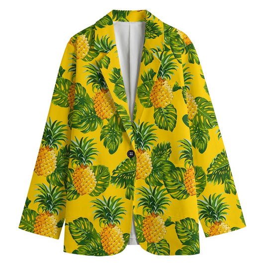 Yellow Tropical Pineapple Pattern Print Women's Cotton Blazer