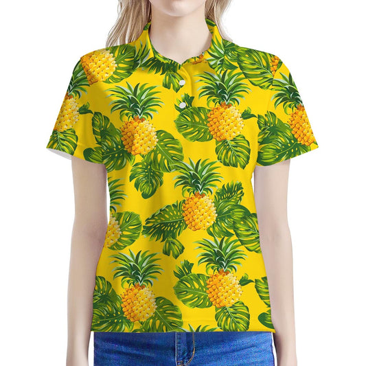 Yellow Tropical Pineapple Pattern Print Women's Polo Shirt