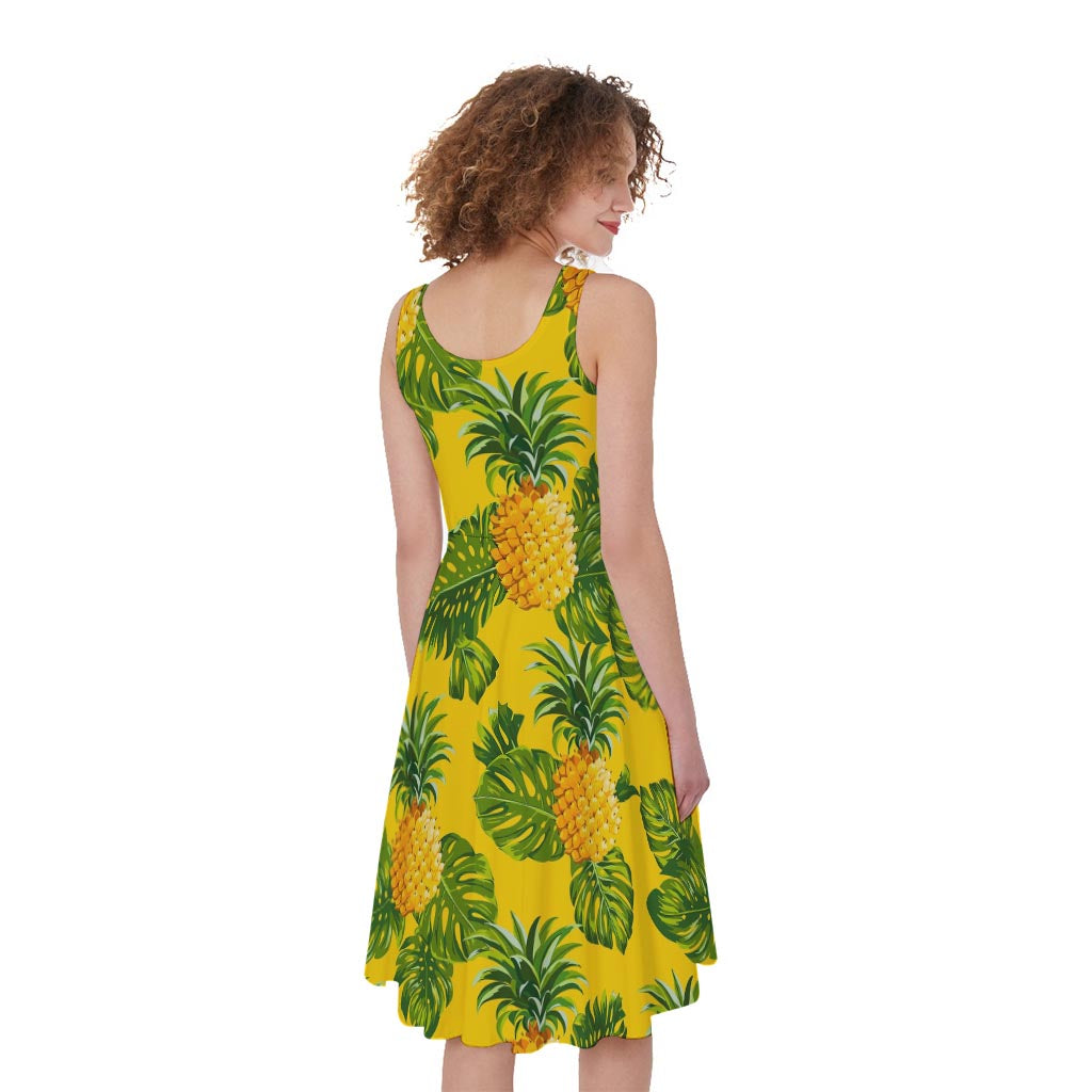 Yellow Tropical Pineapple Pattern Print Women's Sleeveless Dress