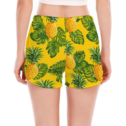 Yellow Tropical Pineapple Pattern Print Women's Split Running Shorts