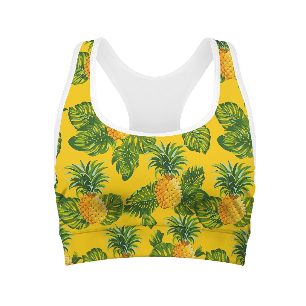 Yellow Tropical Pineapple Pattern Print Women's Sports Bra