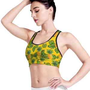 Yellow Tropical Pineapple Pattern Print Women's Sports Bra