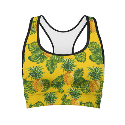 Yellow Tropical Pineapple Pattern Print Women's Sports Bra