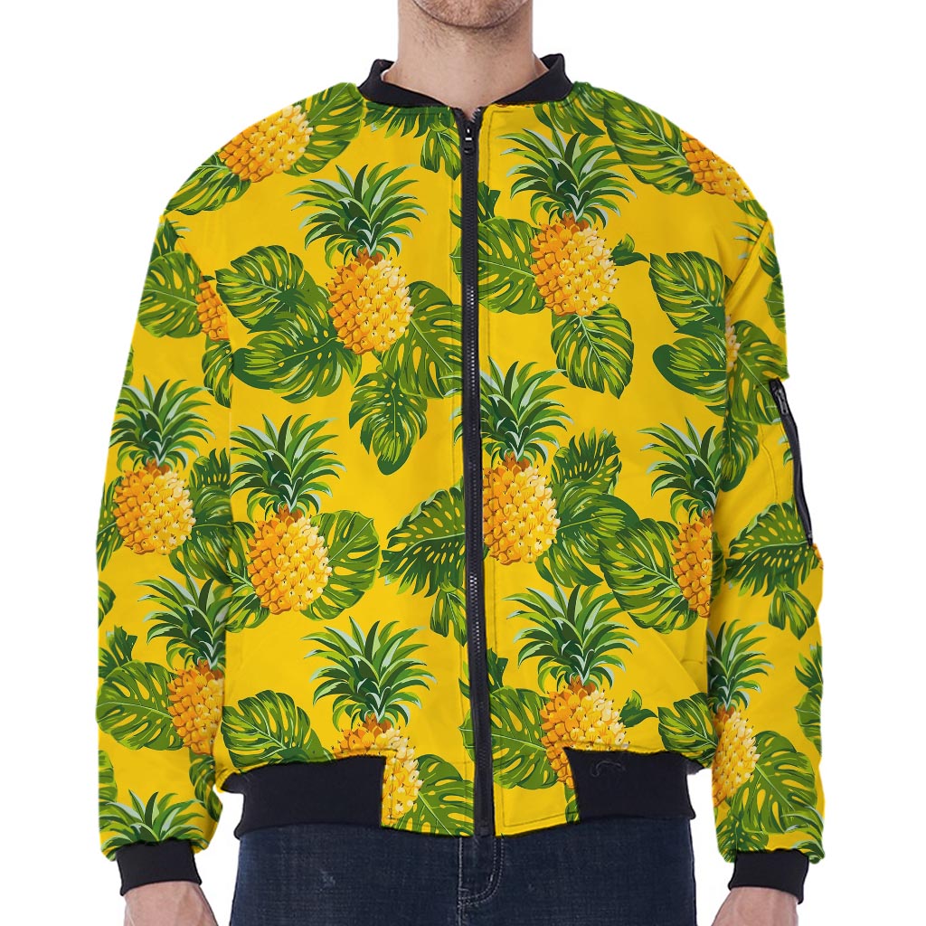 Yellow Tropical Pineapple Pattern Print Zip Sleeve Bomber Jacket