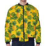 Yellow Tropical Pineapple Pattern Print Zip Sleeve Bomber Jacket