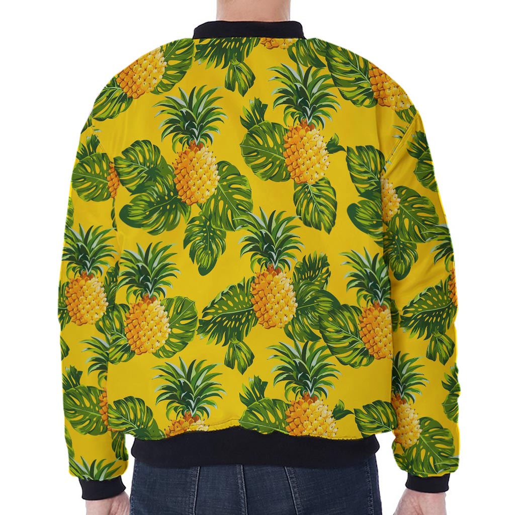 Yellow Tropical Pineapple Pattern Print Zip Sleeve Bomber Jacket