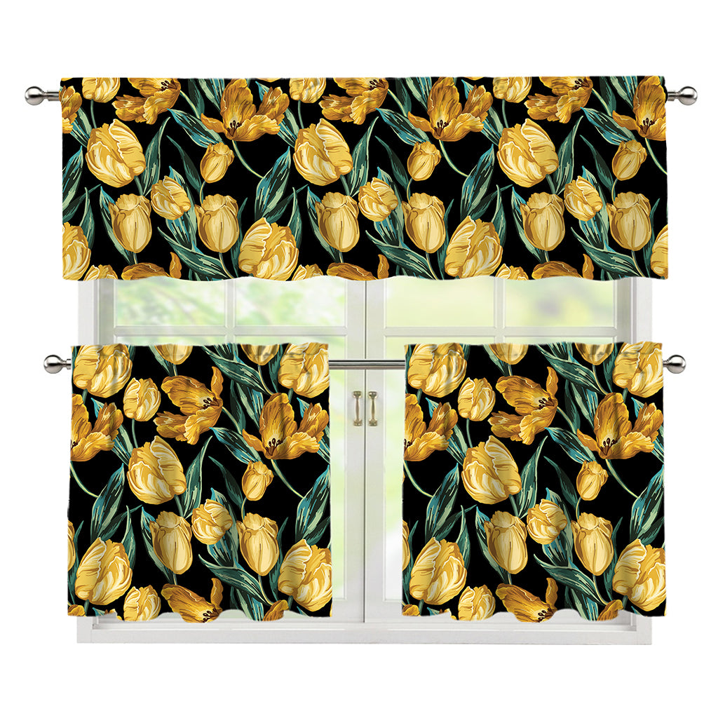 Yellow Tulip Floral Pattern Print 3 Piece Kitchen Curtains