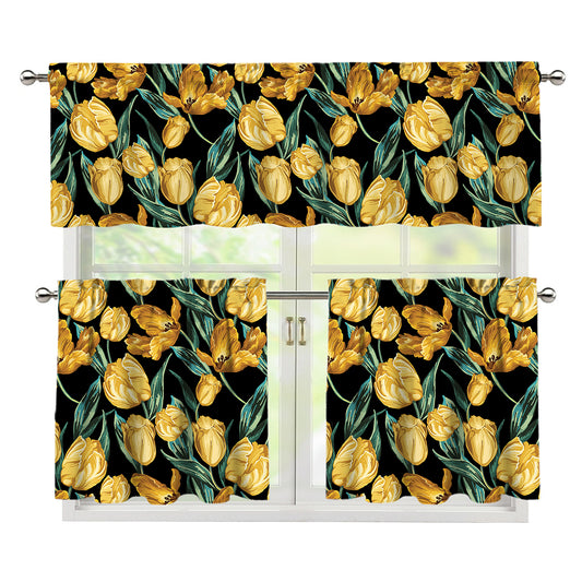 Yellow Tulip Floral Pattern Print 3 Piece Kitchen Curtains
