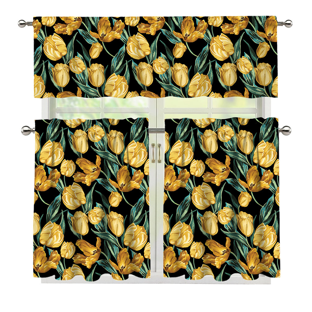 Yellow Tulip Floral Pattern Print 3 Piece Kitchen Curtains