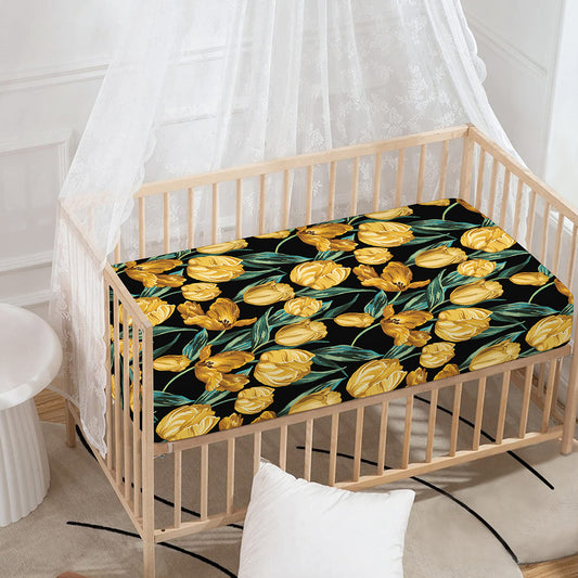 Yellow Tulip Floral Pattern Print Baby Crib Sheet