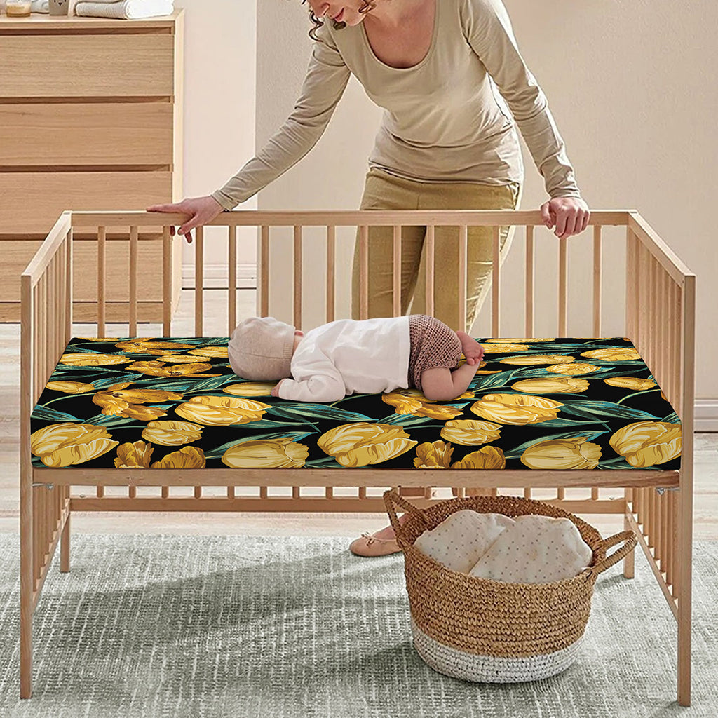 Yellow Tulip Floral Pattern Print Baby Crib Sheet