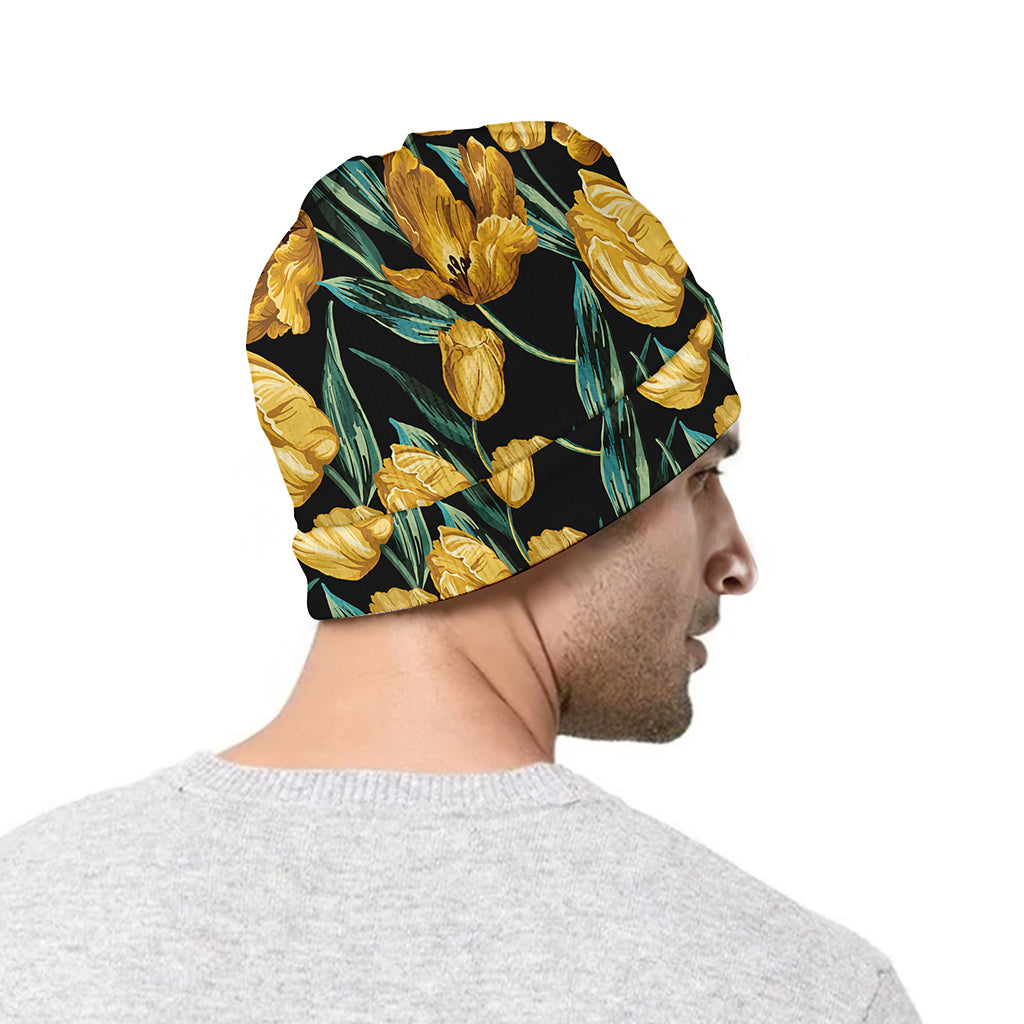 Yellow Tulip Floral Pattern Print Beanie