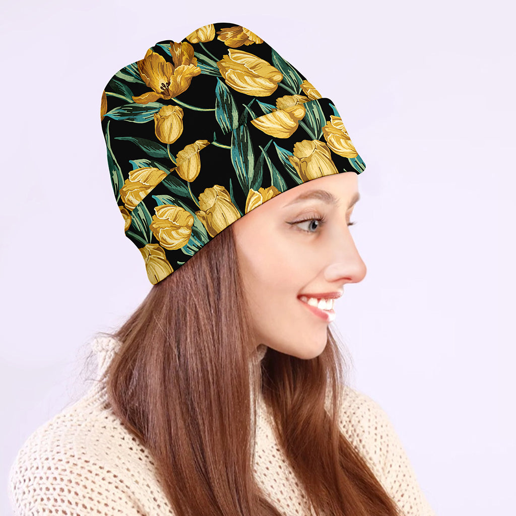 Yellow Tulip Floral Pattern Print Beanie