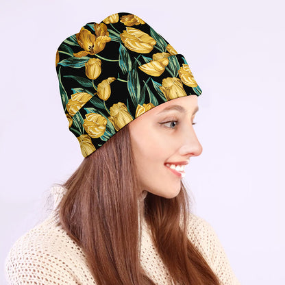 Yellow Tulip Floral Pattern Print Beanie