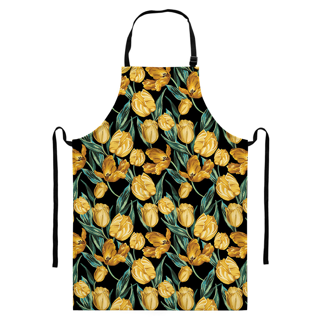 Yellow Tulip Floral Pattern Print Bib Apron With Pocket