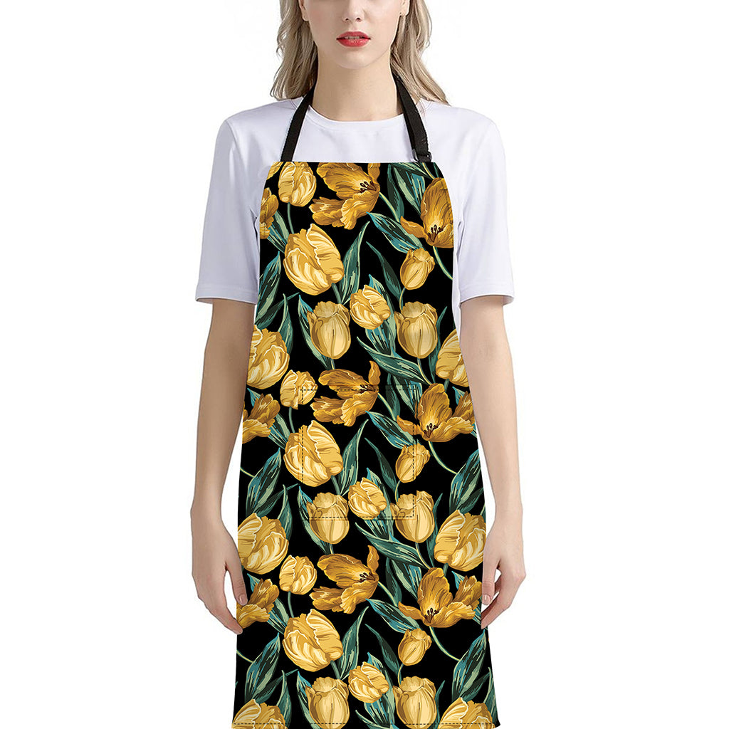 Yellow Tulip Floral Pattern Print Bib Apron With Pocket