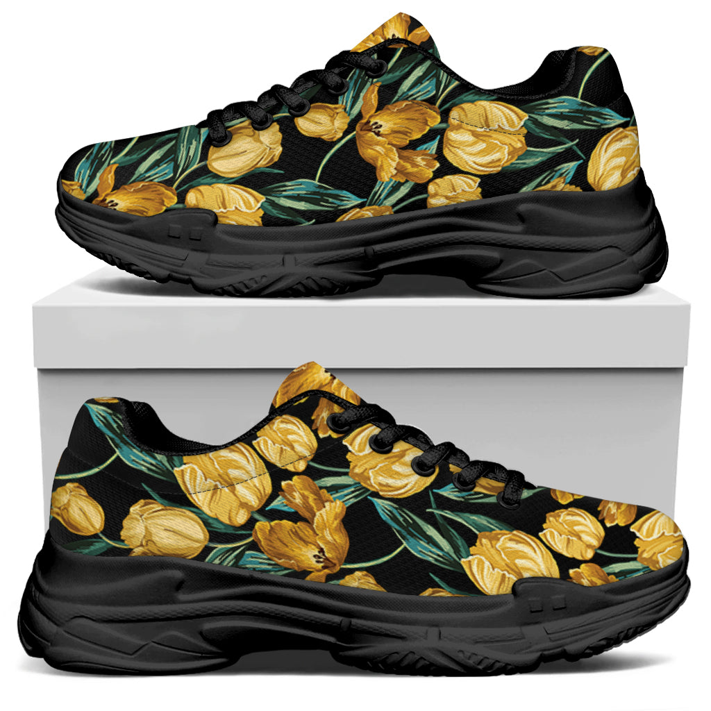Yellow Tulip Floral Pattern Print Black Chunky Shoes