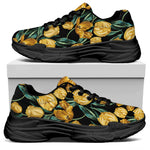 Yellow Tulip Floral Pattern Print Black Chunky Shoes