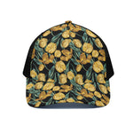 Yellow Tulip Floral Pattern Print Black Mesh Trucker Cap
