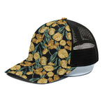 Yellow Tulip Floral Pattern Print Black Mesh Trucker Cap