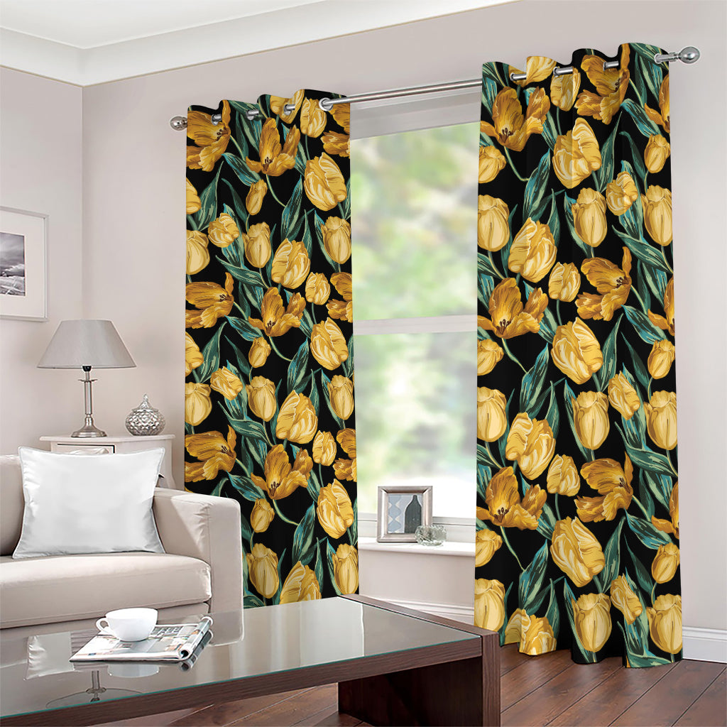 Yellow Tulip Floral Pattern Print Blackout Grommet Curtains