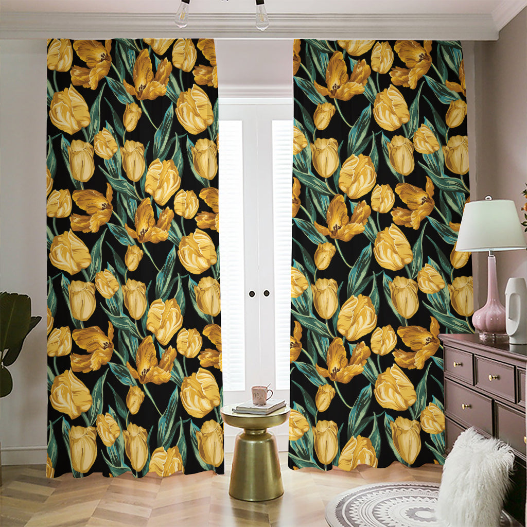 Yellow Tulip Floral Pattern Print Blackout Pencil Pleat Curtains